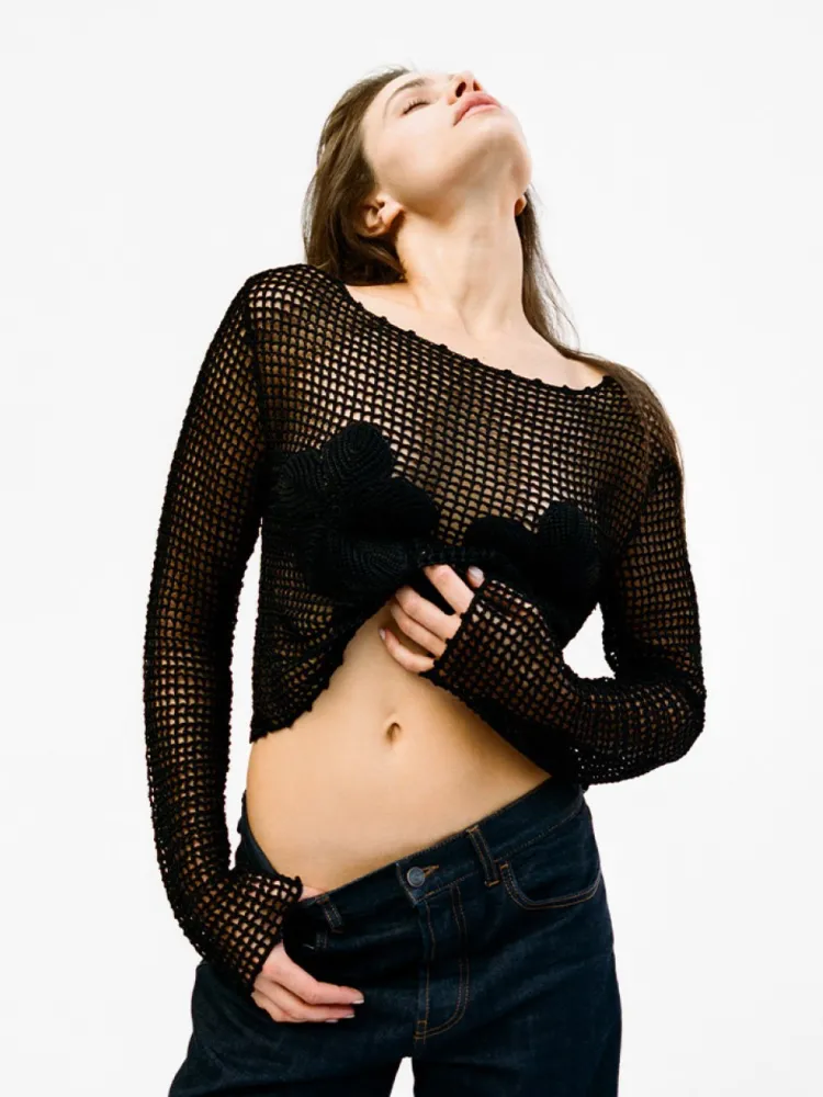 Women Réalisation Par Crochet Flower Top - Black