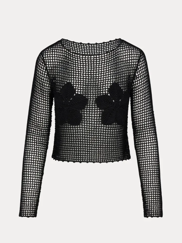 Women Réalisation Par Crochet Flower Top - Black